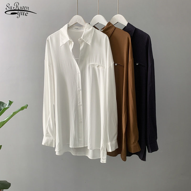

Women Solid Long Sleeve Chiffon Blouse Casual Korean Loose Tops Button Cardigan Shirts Feminina Blusa 11289 210521, White