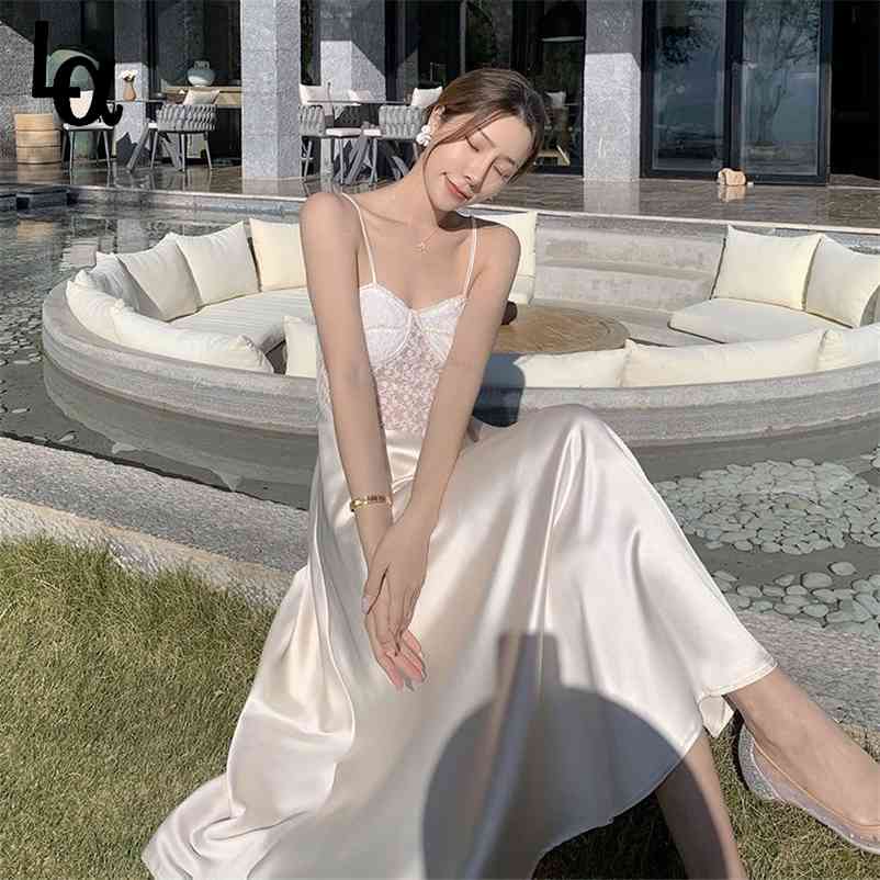 

Vintage Hollow Out Long Lace Dress Vestidos Spaghetti Strap High Waist Summer Party Line Sweet Stain Lady 210519, Picture color