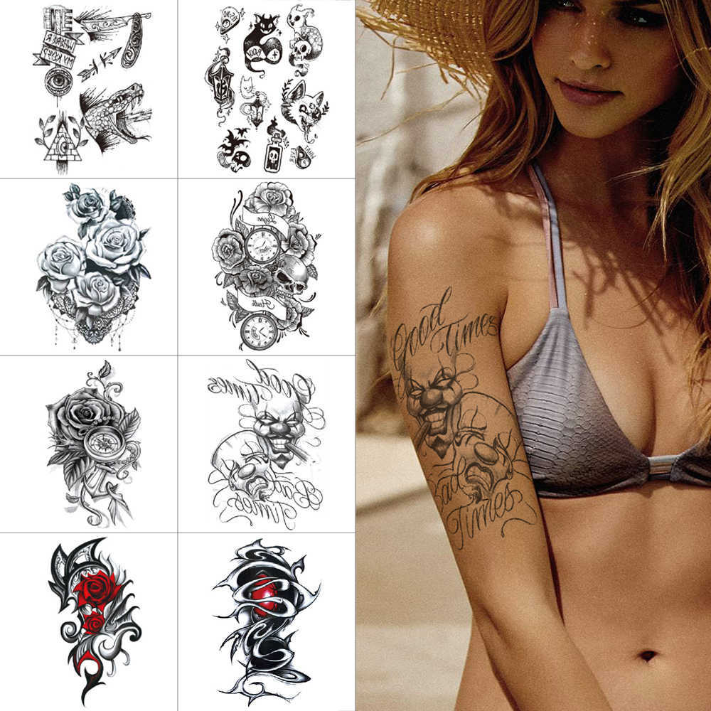 

Black ink color temporary Bird skull devil Small waterproof Flower rose clock body sticker tattoo for arm