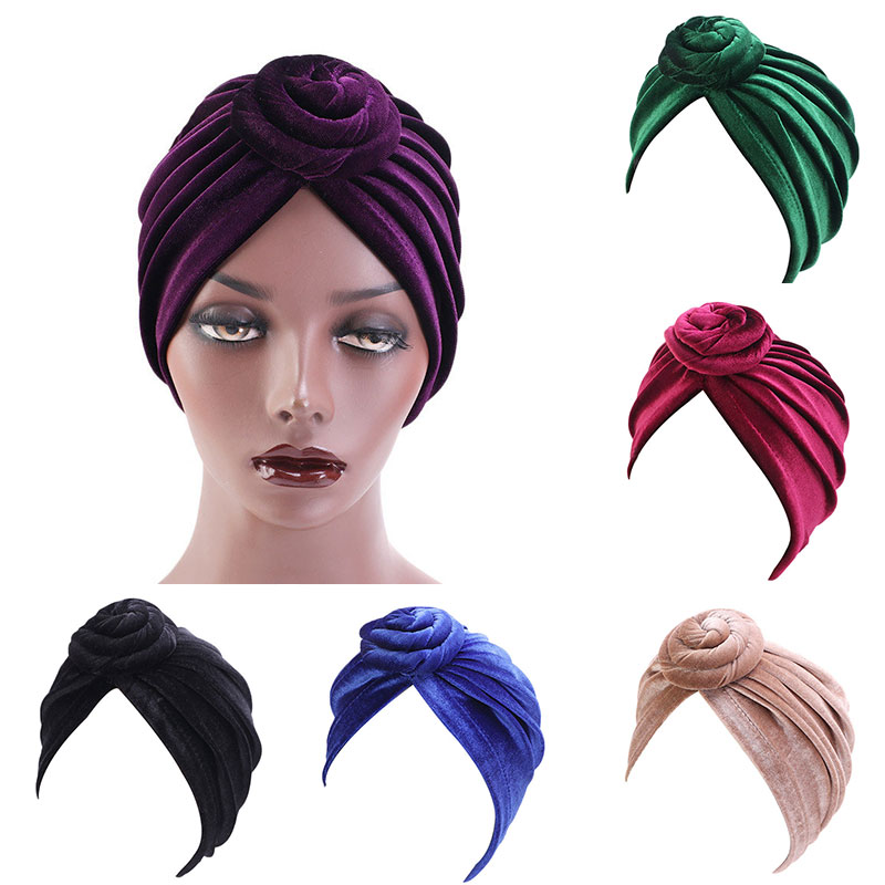 

Soft Velvet Turban Hat Donut Pan Flower Hat Women Headscarf Bandanas Muslim Scarf African Knot Hijab Scarf Knotted India Hat, Mixed color