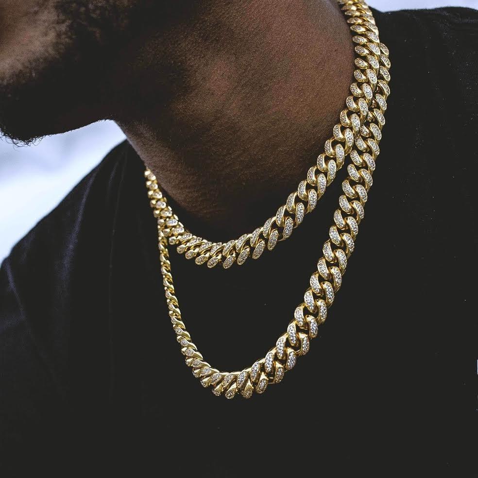 

Finish Men's 13mm Heavy Iced Zircon Miami Cuban Link chain Necklace Choker Hip hop Jewelry Gold color Chain 18 20 24'' 28'' X0509