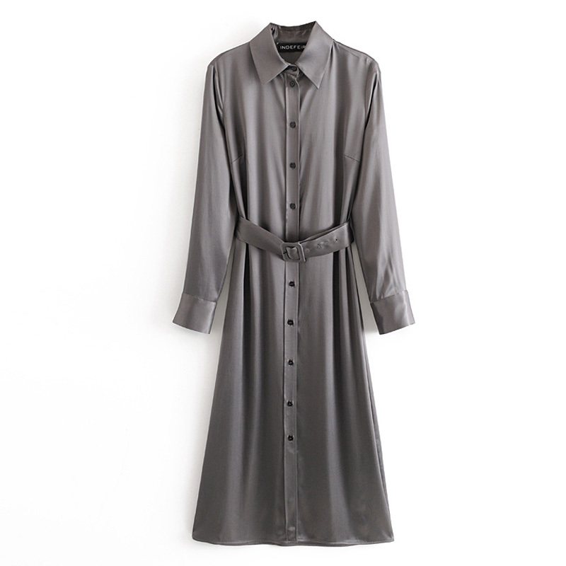 

Vintage Chic Tie Belt Satin Long Dresses Women Fashion Turn-down Collar Dress Elegant Ladies Long Vestidos 210520, Pic