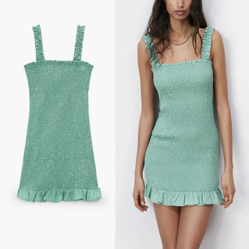 

Za Textured Weave Mini Summer Dress Women Sleeveless Straps Ruffle Elastic Smocked Vintage Beach Dress Woman Green Dresses 210602