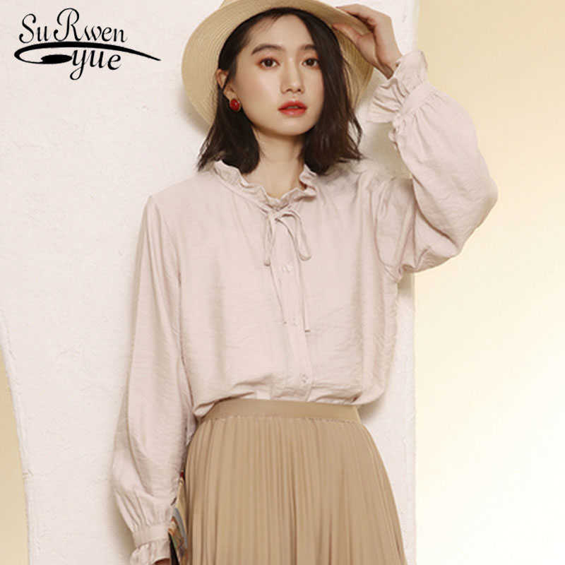 

Blusas Solid Woman Shirts Autumn Cotton Women Blouses Long Sleeve Korean Tops Button Casual Vintage Clothes with Bow 10472 210527, Grey white
