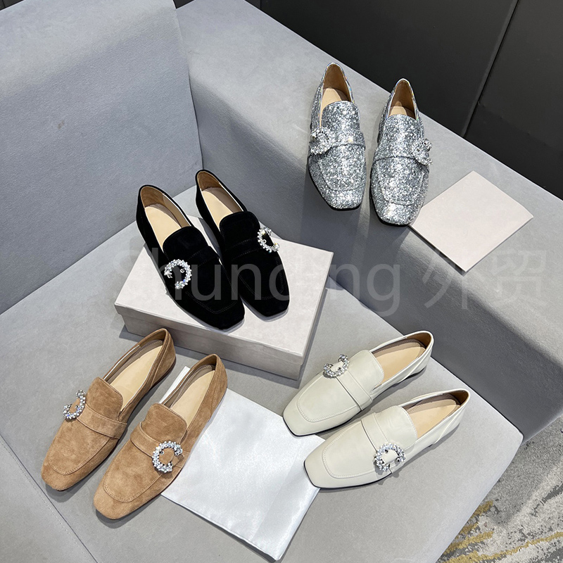

In 2022, the new crystal diamond buckle Lok Fu single shoes leather British style one-pedal square-headed flat-bottomed cowhide women, Silver
