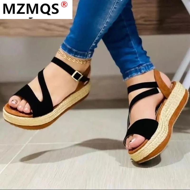 

Sandals 2021 Women's Summer Outdoor Fish Mouth Open Toe Women Round Buckle Casual Wedges Plus Size 35-43, Black