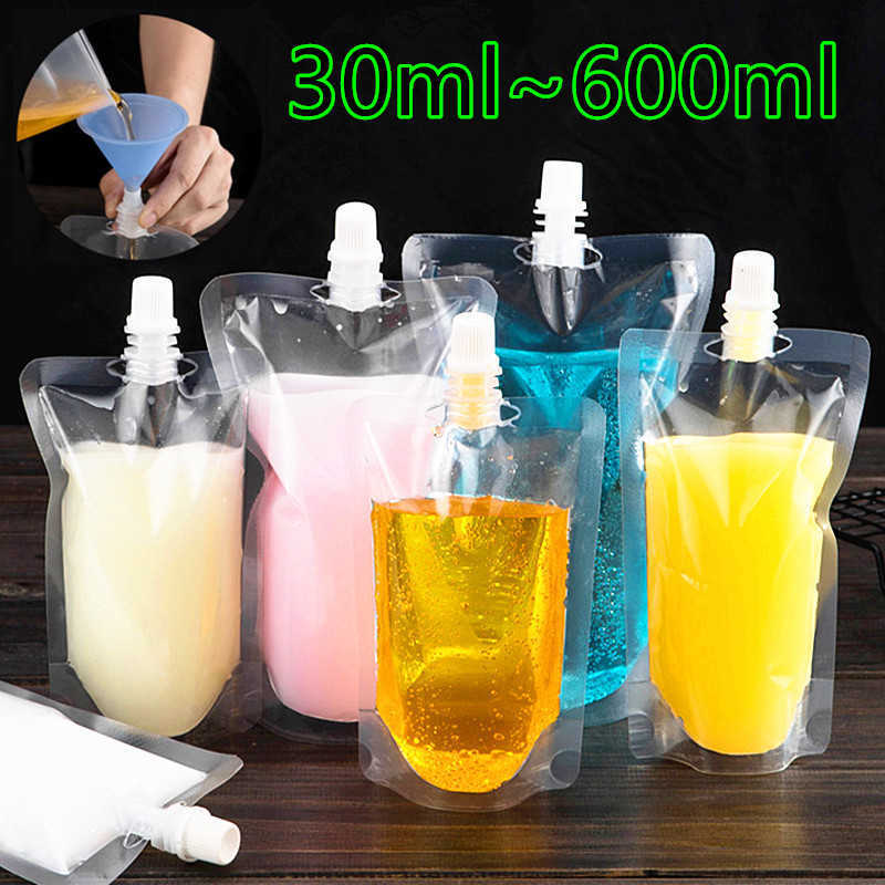 

100pcs 30ml~600ml Transparent Stand up Spout Beverage Bags Plastic Spout Pouches for Party Wedding Fruit Juice Beer with Funnels 210724