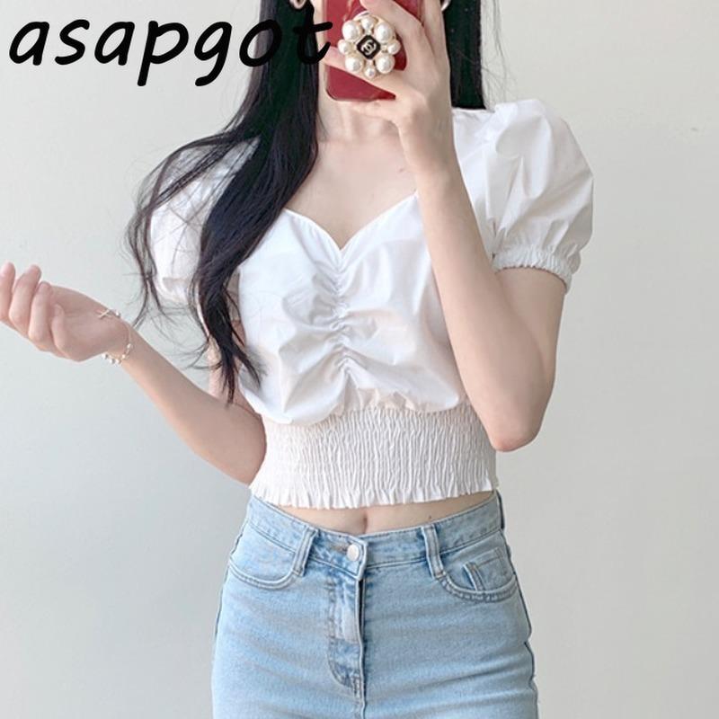 

Women's Blouses & Shirts Short V Neck White Blouse Women Summer Basic Slim Black Puff Sleeve Sexy Tops Chic Wild Waist Blusas Mujer