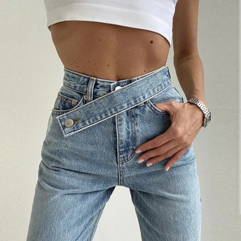 

Vintage Asymmetric Waist Straight Woman Jeans High Waist Denim Wide Leg Pants Loose Boyfriend Jeans 2021 Autumn, Light blue