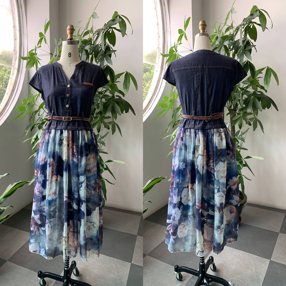 

2021 Denim Dress Long Womens Casual Chiffon Patchwork Floral Print Summer New Female Maxi Dresses With Belt Japan Fashion Style, Blue