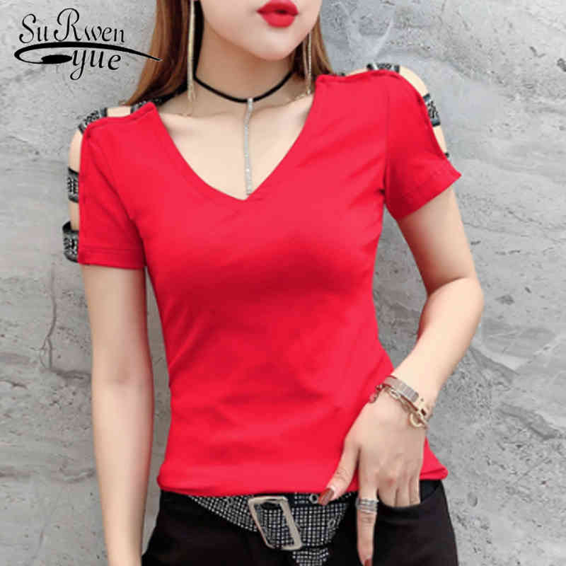 

Sexy Short Sleeve Women Tops shirt Cool Summer Clothing Fashion V-neck black red top off shoulder 4457 50 210521