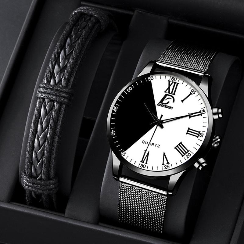 

Wristwatches Fashion Men Business Leather Bracelet Stainless Steel Mesh Belt Mens Watches Minimalist Two-color Splicing Quartz Wrist Watch, As shown 1