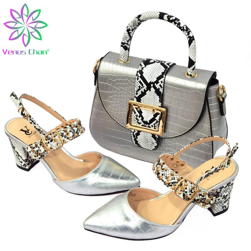 

African Bag And Shoe Set Silver Italian Designer Shoes Women Luxury 2021 Wedding Bride Cristal Buckle Strap Dress, Black