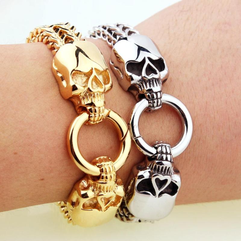 

12mm Wide Gold Tone Two Skull Heads Bracelet Jewelry 316L Stainless Steel Style 9.05" Charm Bracelets