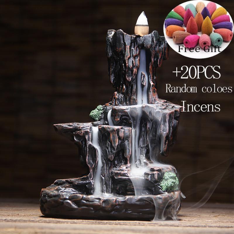 

Fragrance Lamps Mountains River Waterfall Incense Burner Fountain Backflow Aroma Smoke Censer Holder Office Home Unique Crafts+20 Cones