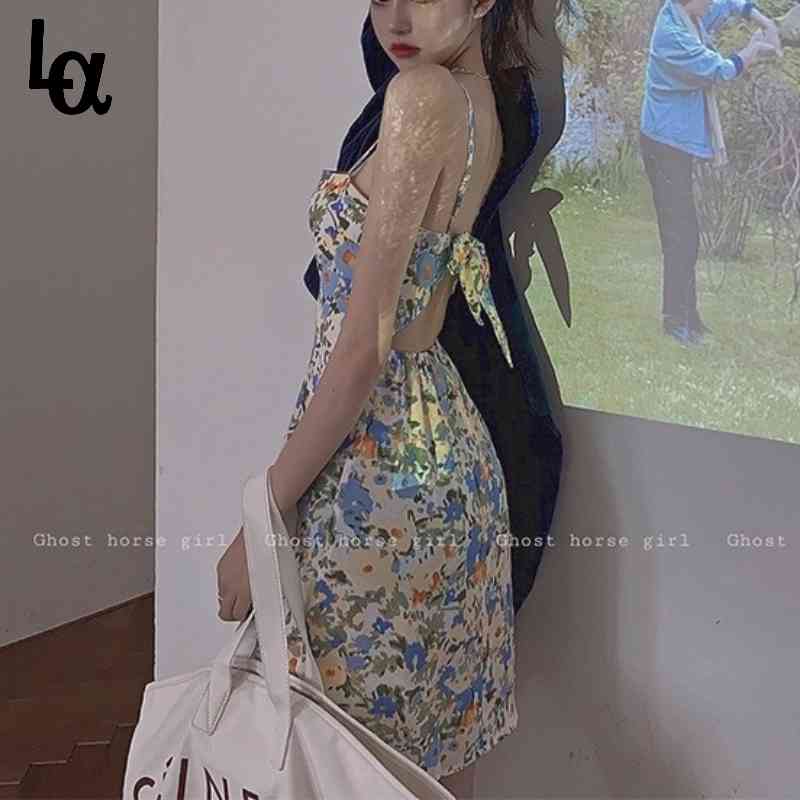 

Summer Floral Print Strap Dress Women Elegant Backless Designer Cute Kawaii Casual Beach Sexy Party Mini 210519, As picture