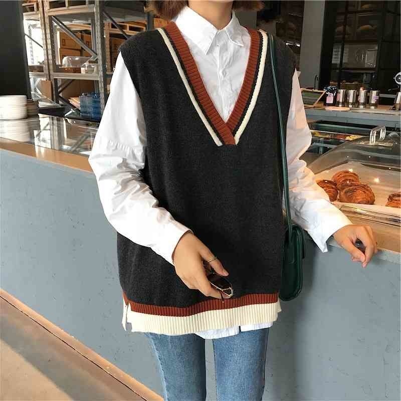 

Early spring school college wind color matching V-neck sweater women's head vest loose knit 210525, Creamy-white
