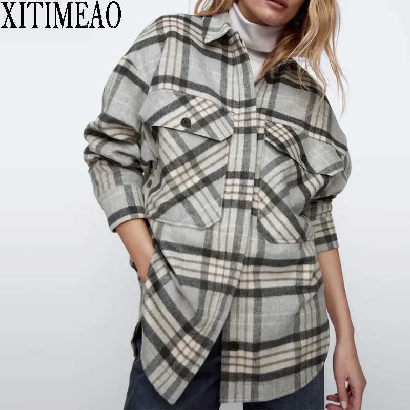

ZA Women Casual Coat Office Lady Plaid Loose Oversize Jacket Single Breasted Ladies Overcoat XITIMEAO 210604, As picture