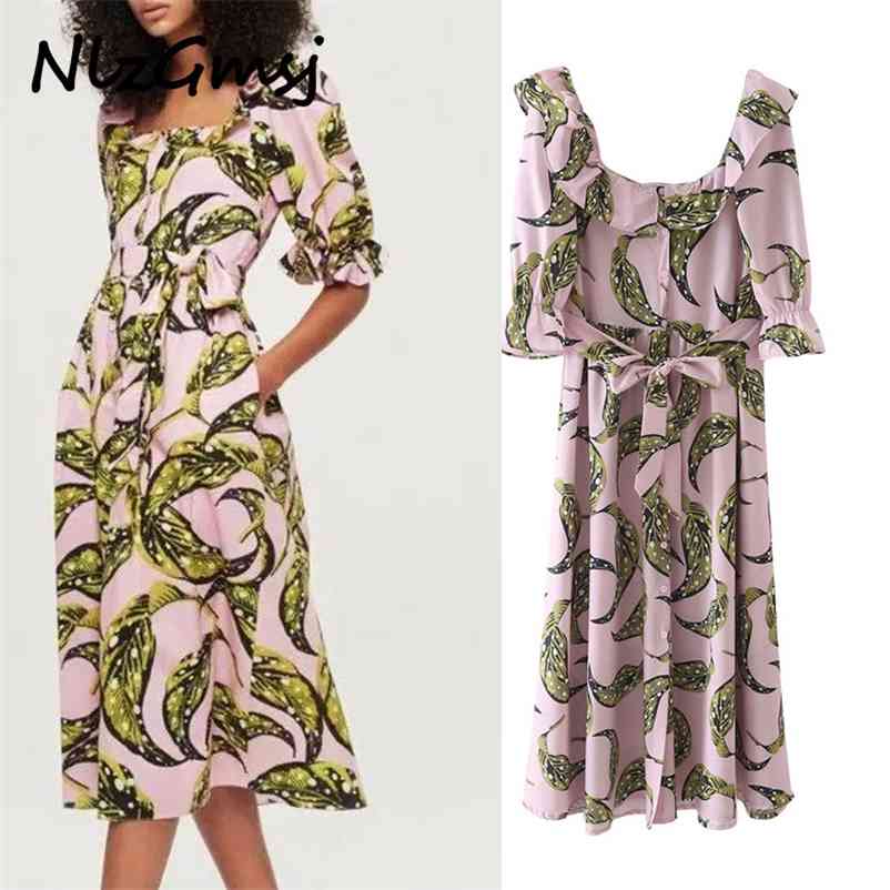 

Dres Summer Print With Belt Midi Vintage Elegant Square Neck Short Sleeve Casual 04 210628, As picture