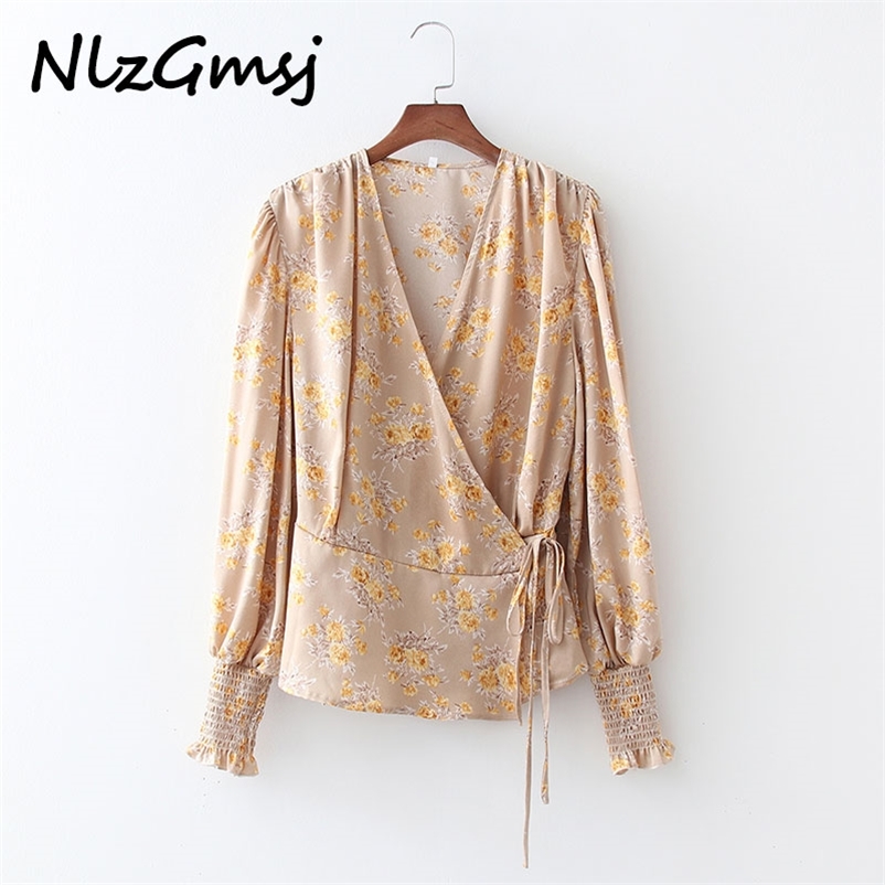 

Blouse Spring Summer Fashion V-neck Printing Laceing Long Sleeve Loose Fit Temperament Women' Shirt 210628, As picture