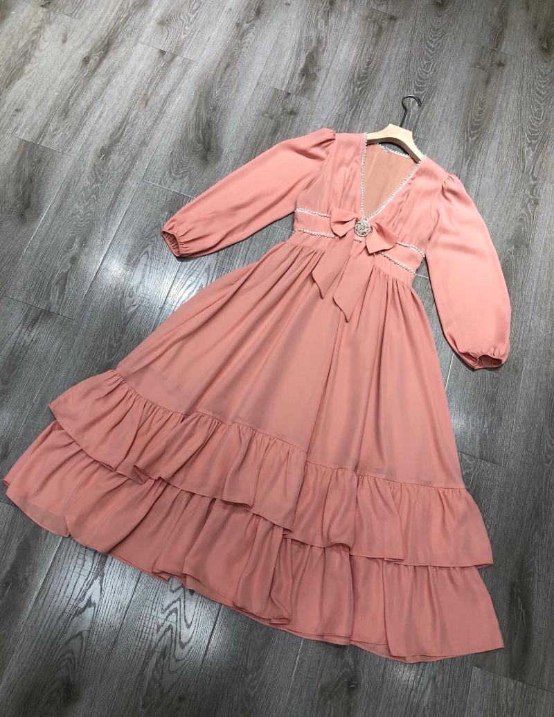 

Casual Dresses The 2021 Temperament Bowknot V-neck Ruffled Dress 0904, Black;gray