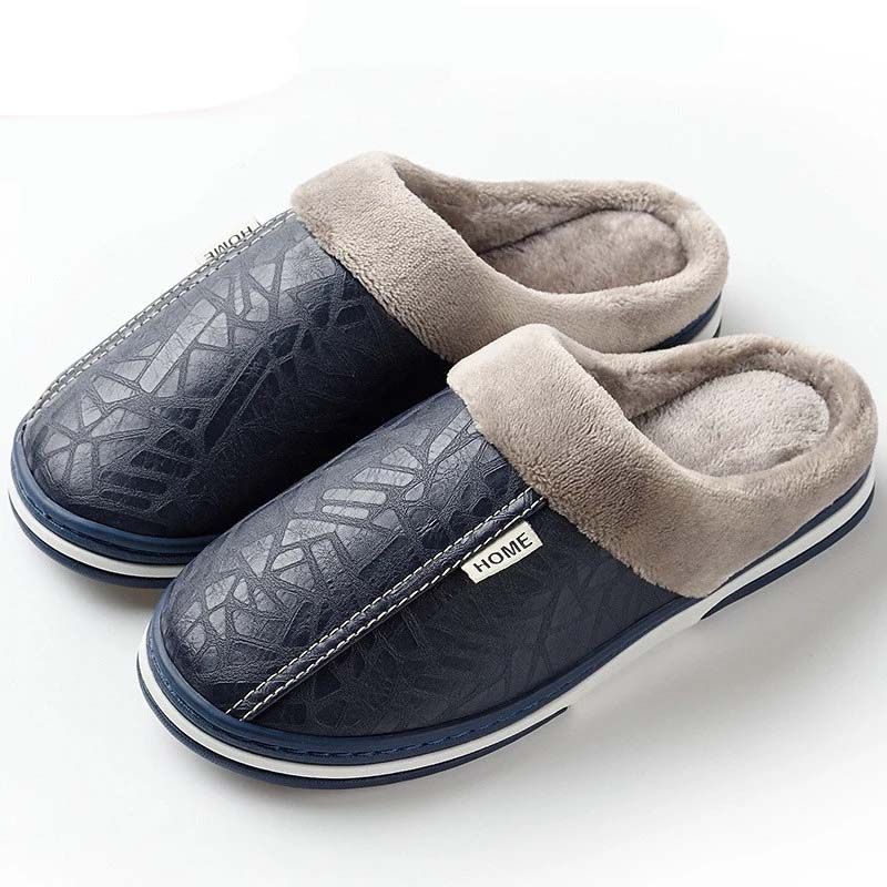 

Home Winter PU Leather Slippers Men Waterproof Indoor Non-slip Soft Bottom House Warm Indoor Big Size Male Fur Slippers, Black-a