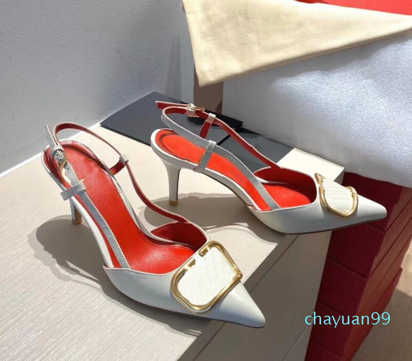 

Brand women high heels sandal 8cm thin heel red wedding shoe Genuine Leather metal V buckle Single shoes sexy 2021 toe