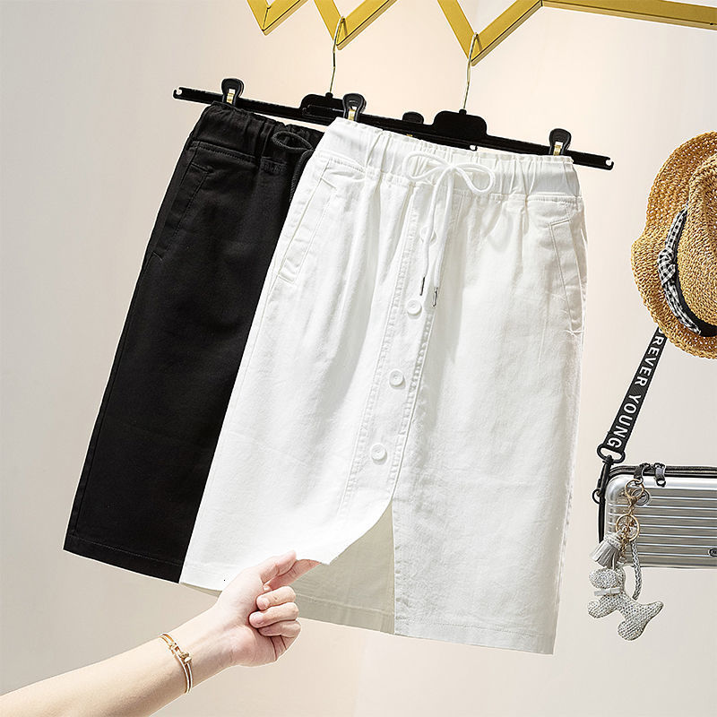 

Skirts 2021 Spring Summer Vintage Women's Single Breasted Denim High Wasit Jeans Female A-line Split Plus Size A03E, Black