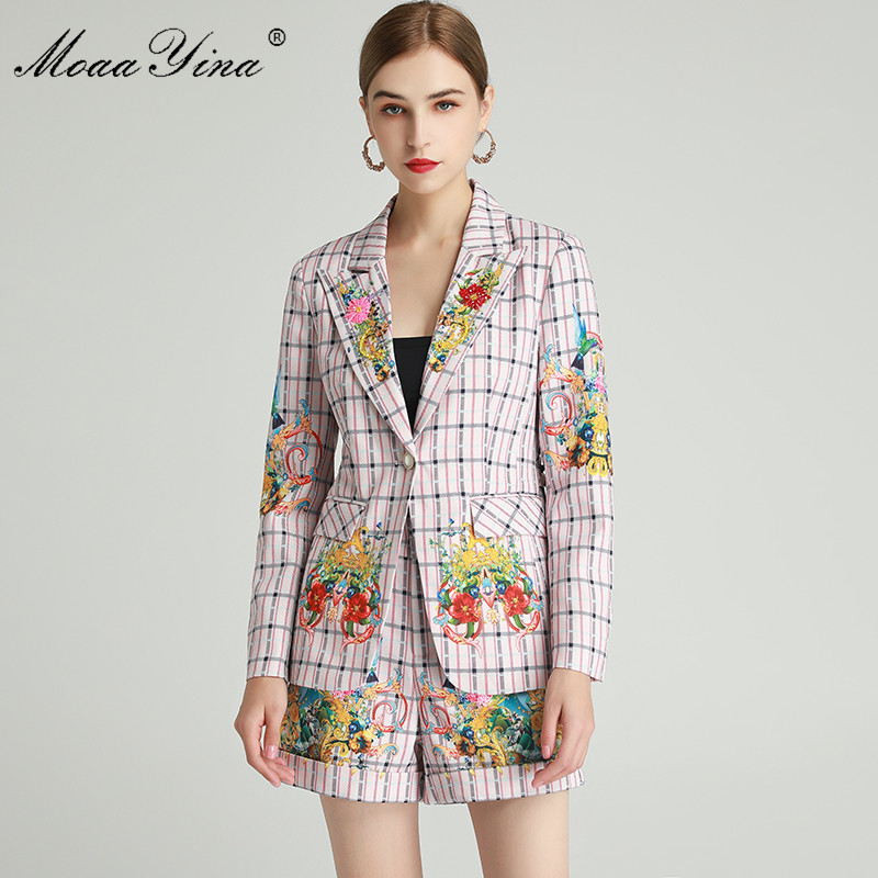 

Fashion Set Spring Women' Long sleeve Beaded turn-down collar Suit Tops+shorts Plaid Floral-Print Two-piece sets 210524, Multi