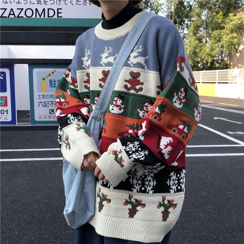 

Men's Sweaters 2021 Christmas Sweater Men Winter Vintage O Neck Loose Pullover Couples Korean Clothes Hip Hop Retro Knit Tops, White;black