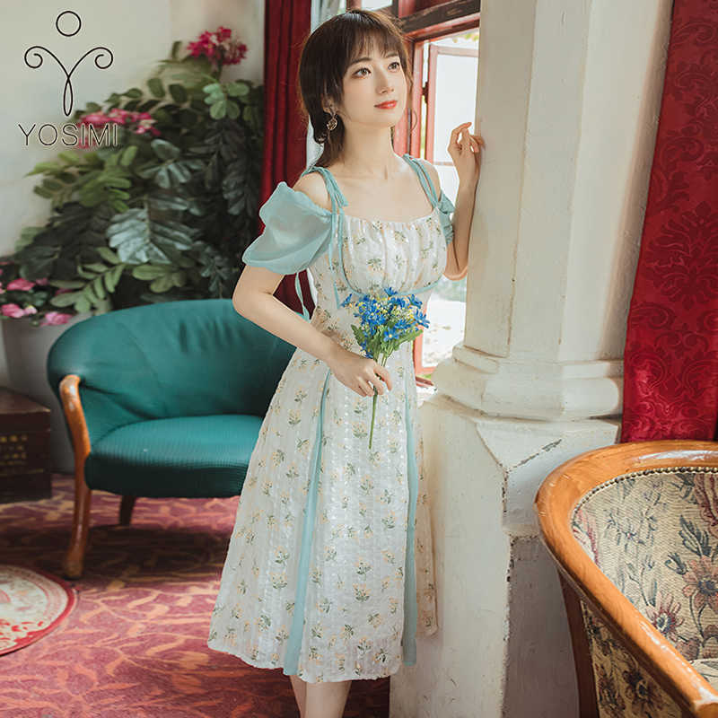 

YOSIMI Jacquard Patchwork Print Chiffon Floral Mini Dress Elegant Summer A-line Strapless Short Sleeve Empire Women 210604, Turquoise