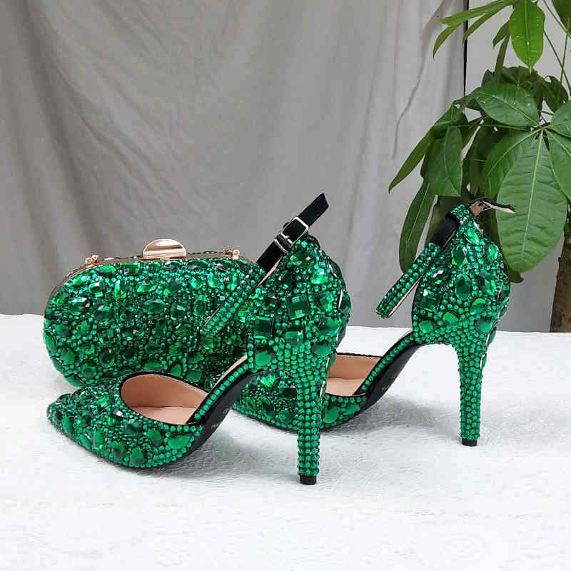 

dress shoes 2021 arrive green crystal wedding woman thin heel pointed toe bridal party shoe big size high pumps 32ko, Black