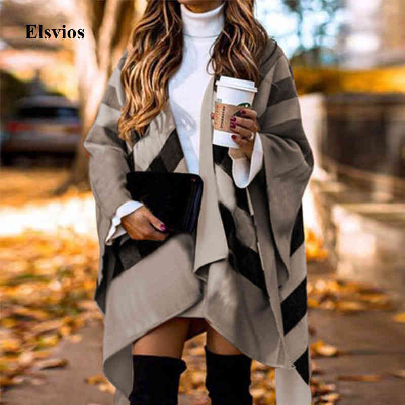 

Women's Trench Coats Casual Lady irregular Ponchos Scarf Coat Autumn Winter Batwing Fluffy Sleeve Caps Women Elegant Knitted Strip, As picture