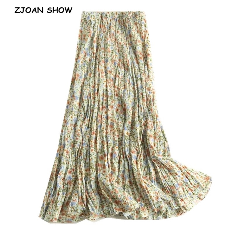 New BOHO Green Floral print Rayon Wrinkle Long Skirt Holiday Women Elastic High Waist Ruched pleated Swing Skirts Beach 210412Z
