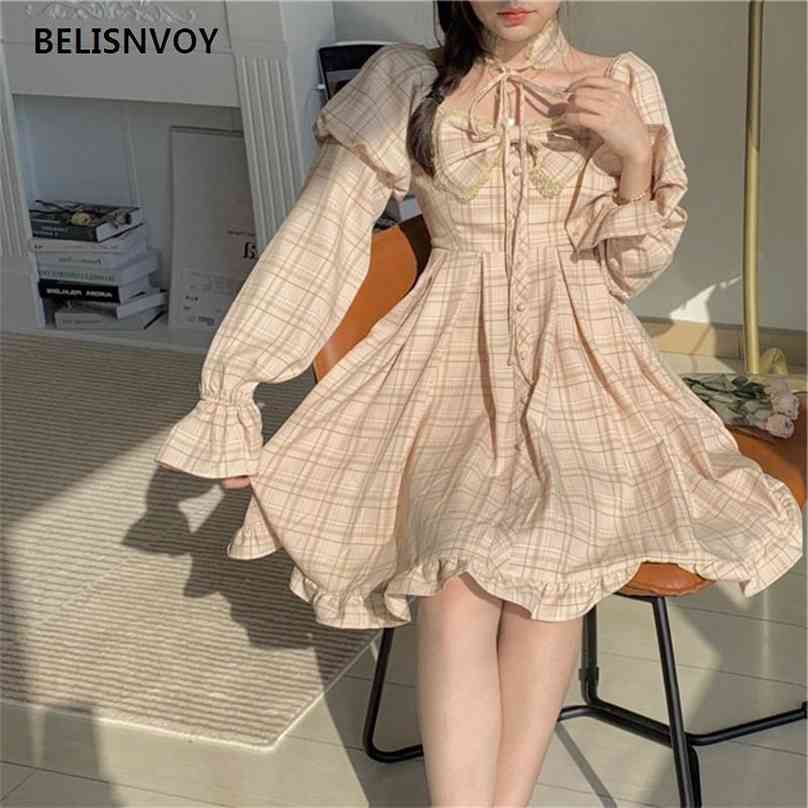 

Japanese Autumn Lolita Style Plaid Dress Sweet Bowknot Cute Lace Sleeve Square Collar Kawaii Fairy Princess 210520, Khaki