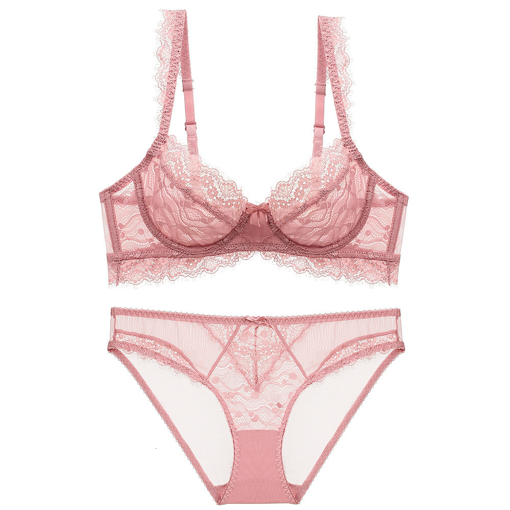 

bras sets 2021 ultra thin transparent lace bra suit big chest shows small women's large size underwear, Red;black