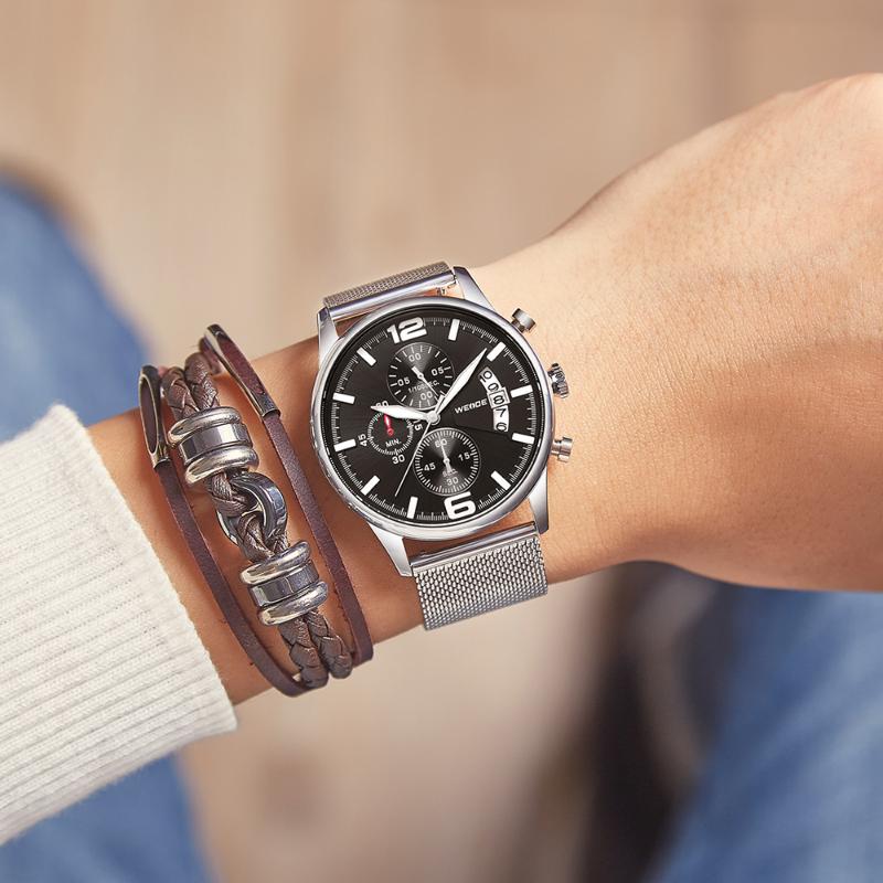 

Wristwatches WEIDE Top Fashion Stainless Steel Ultra Tin Mesh Strap Wristwatch Chronograph Sport Quartz Watch Relogio Masculino, Wd011-2c