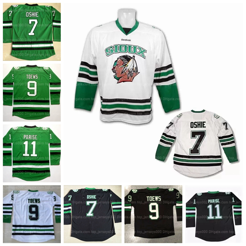 

North Dakota Fighting Sioux Hawks College UND Hockey Jerseys 7 TJ Oshie 9 Jonathan Toews 11 Zach Parise Stitched White Black Green Men Size -3XL Top Quality, 7#white