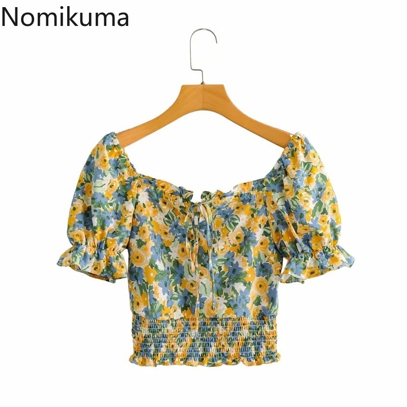 Nomikuma Spring New Floral Women Blouses Bow Tie Square Collar Puff Short Sleeve Tops Sexy Crop Top Blusas Shirt 6F282 210427