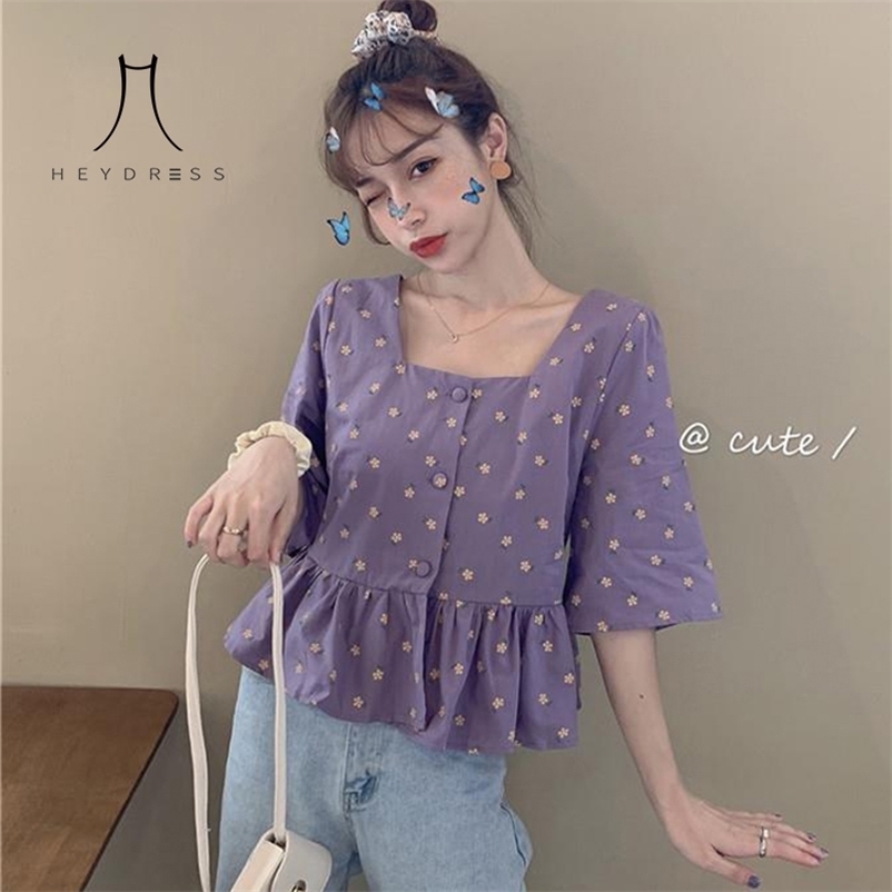 

Women Summer Half Sleeve Loose Blouse Shirts Vintage Print Female Square Collar Tops Casual Street Lady Boho 210517, Purple
