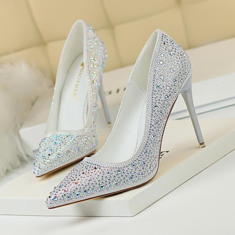 

Dress Shoes Women Pumps Rhinestone High Heels 10CM Pointed Toe Crystal Bling Silver Female Party Wedding Chaussures, Beige