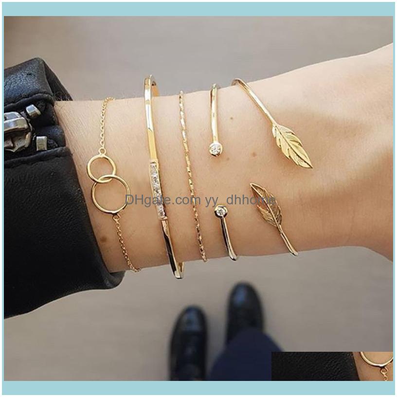 

Link, Jewelrylink, Chain 5Pcs/Set Women Fashion Open Leaves Crystal Geometry Gold Bracelets Set Charm Summer Beach Jewelry Gift Aessories Dr