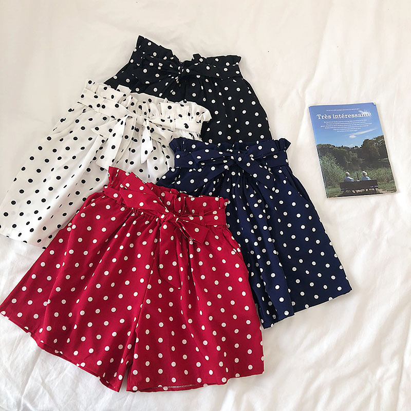 

Women's Shorts Summer Polka Dotted Chiffon Korean Style Chic Sweet Bow Strap Elastic Waist Wide Leg Short Pants C09K, Black