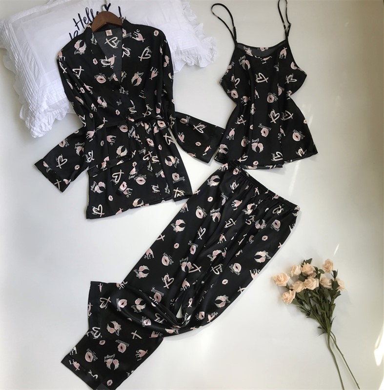 

2021sapjon 2021 new 3 pcs women pajamas sets with pants pyjama satin flower print nightwear silk negligee sleepwear pyjama, Black;red