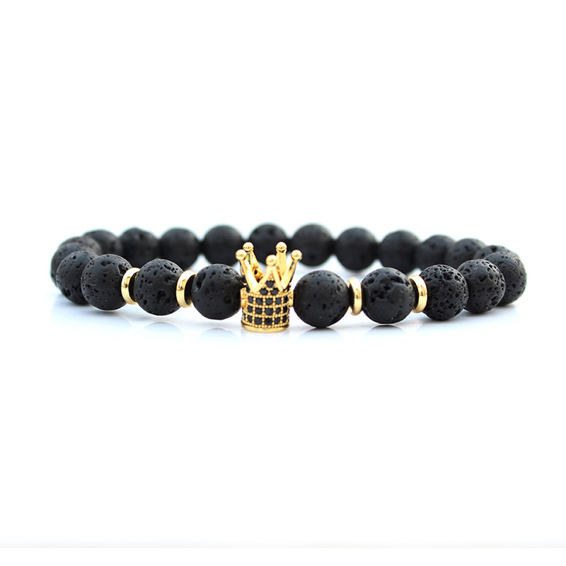 

Natural black beaded crown bracelet Lava stone bracelets for women pulseras men bileklik mens beads accesorios heren armband