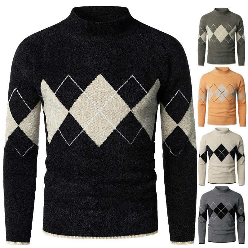 

Men's Sweaters LOMEMOL Loose Mock Neck Diamond Block Lattice Sweater Long-sleeved European Mens Knit Pullover, Gray