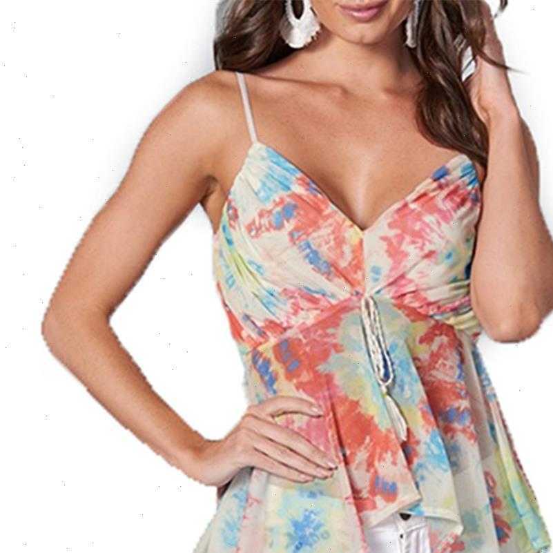 

beach style bandhnu print womens shirts and summer casual adjustable spaghetti straps deep v neck tassel blouse, White