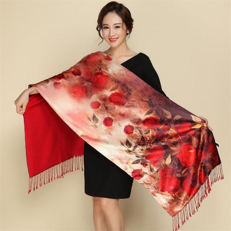 

Scarves IANLAN Womens Dual Use Genuine Silk Printed Double-faced Long Wraps Tassels Shawls Ladies Winter Cloak Pashmina IL00139