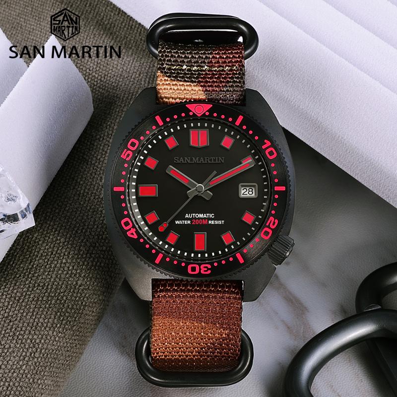 

Wristwatches San Martin SN068 Black Stainless Steel Mechanical Men Watches Sapphire Crystal 200m Water Resistant Automatic Wristwatch For, Red