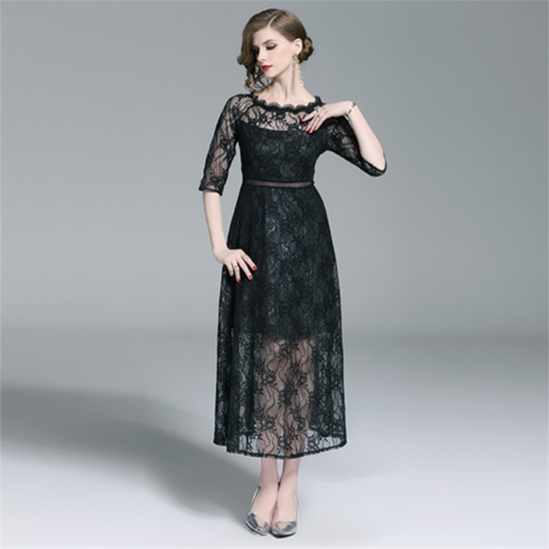 

Pleated Lace Dress Work Casual Slim Fashion Sexy Hollow Out Party Long Dresses Women A-line Vintage Black Vestidos 210603, Picture color